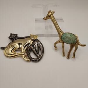 African Safari Animals Brooch Lot Stone Giraffe Gold Black Panther Vintage 1980s
